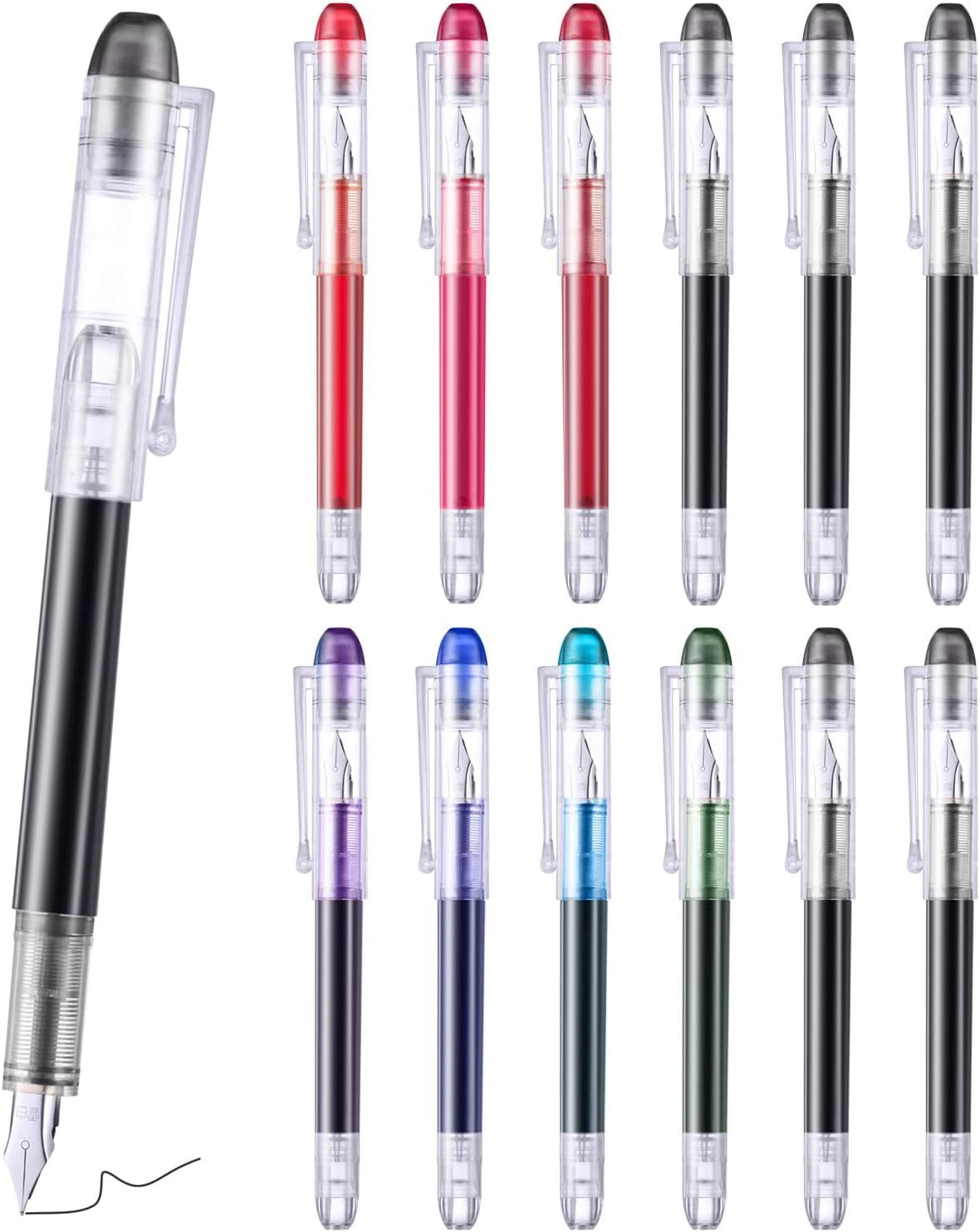 12 Pieces Multicolor Disposable Fountain Pens, Smooth-Writing Office Supplies for Sketching, Journaling, Calligraphy, Doodling and Gifts (Mixed Colors)