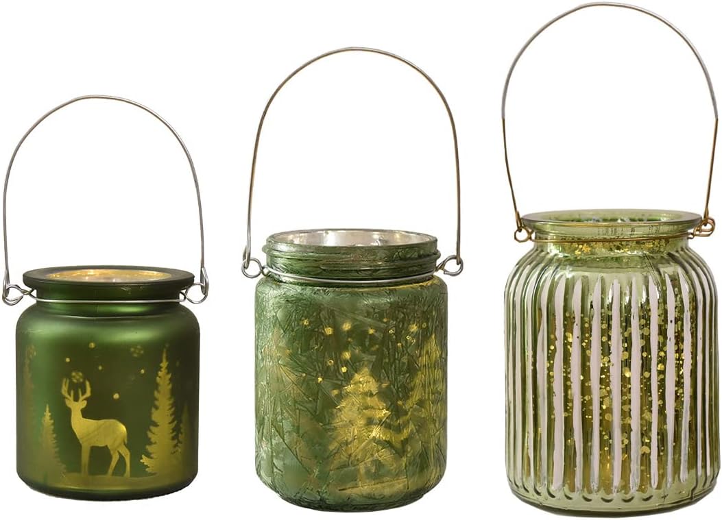 3PCS Grenn Votive Candle Holders,Christmas Glass Tealight Holders with Christmas Tree and Reindeer for Christmas Table Mantle Fireplace Birthday Wedding Decoration (Green)