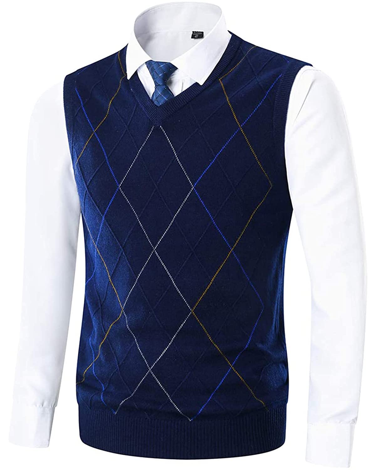 Yingqible Classic Mens V-Neck Sleeveless Jumper Vest Knitted Gilet Slipover Waistcoat Sweater Tank Tops Argyle, 81_navy, S