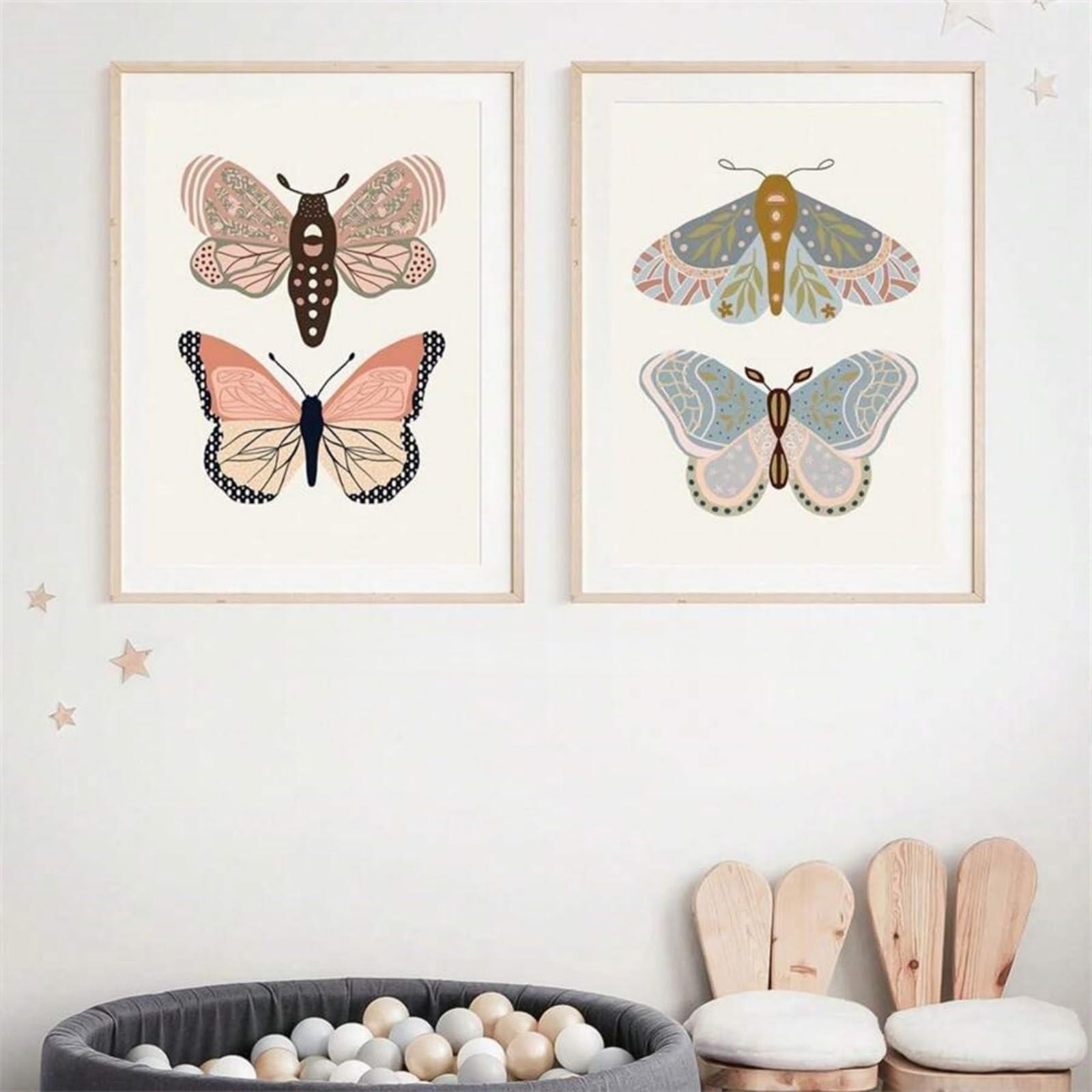 ZBELLO 2 Piece Boho Pastel Butterfly Moth Canvas Posters, Vintage Insect Wall Prints, Unframed Neutral Kids Bedroom Wall Art, Unframed (21x30cm)