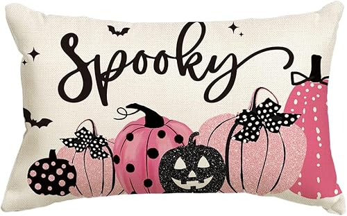 AVOIN colorlife Funda de almohada de calabaza de lunares espeluznantes de Halloween, 12 x 20 pulgadas, funda de cojín rosa de terror de murciélago