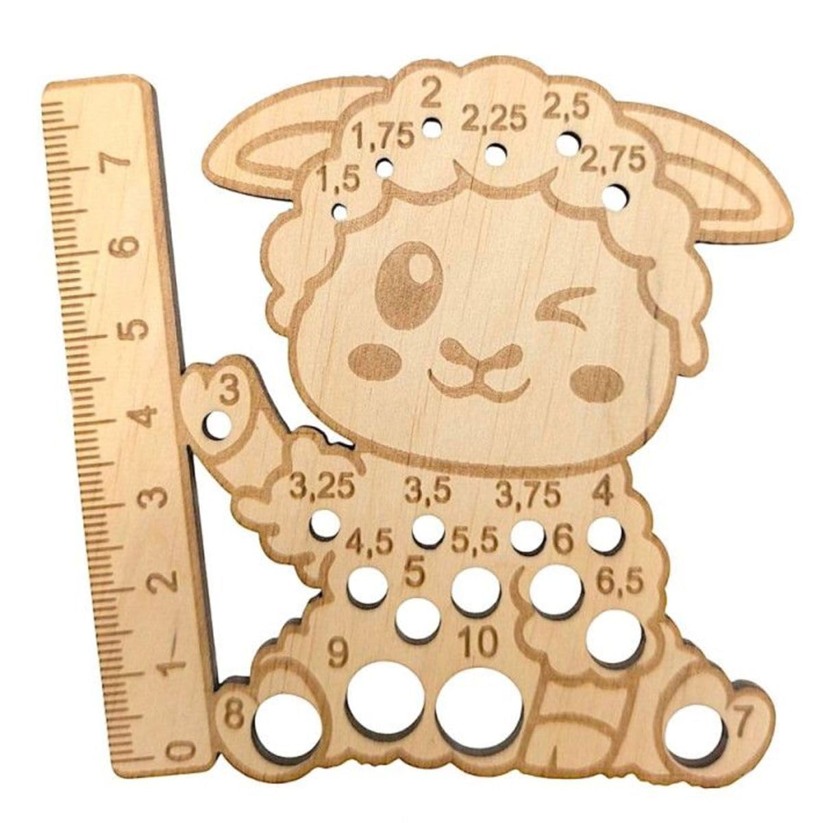 Birch Wood Sheep-Shaped Knitting Needle Gauge – Cute Needle Sizer with 20 Metric Sizes (1.5mm to 10mm) & 8cm Ruler – Fun and Functional Tool for Knitters