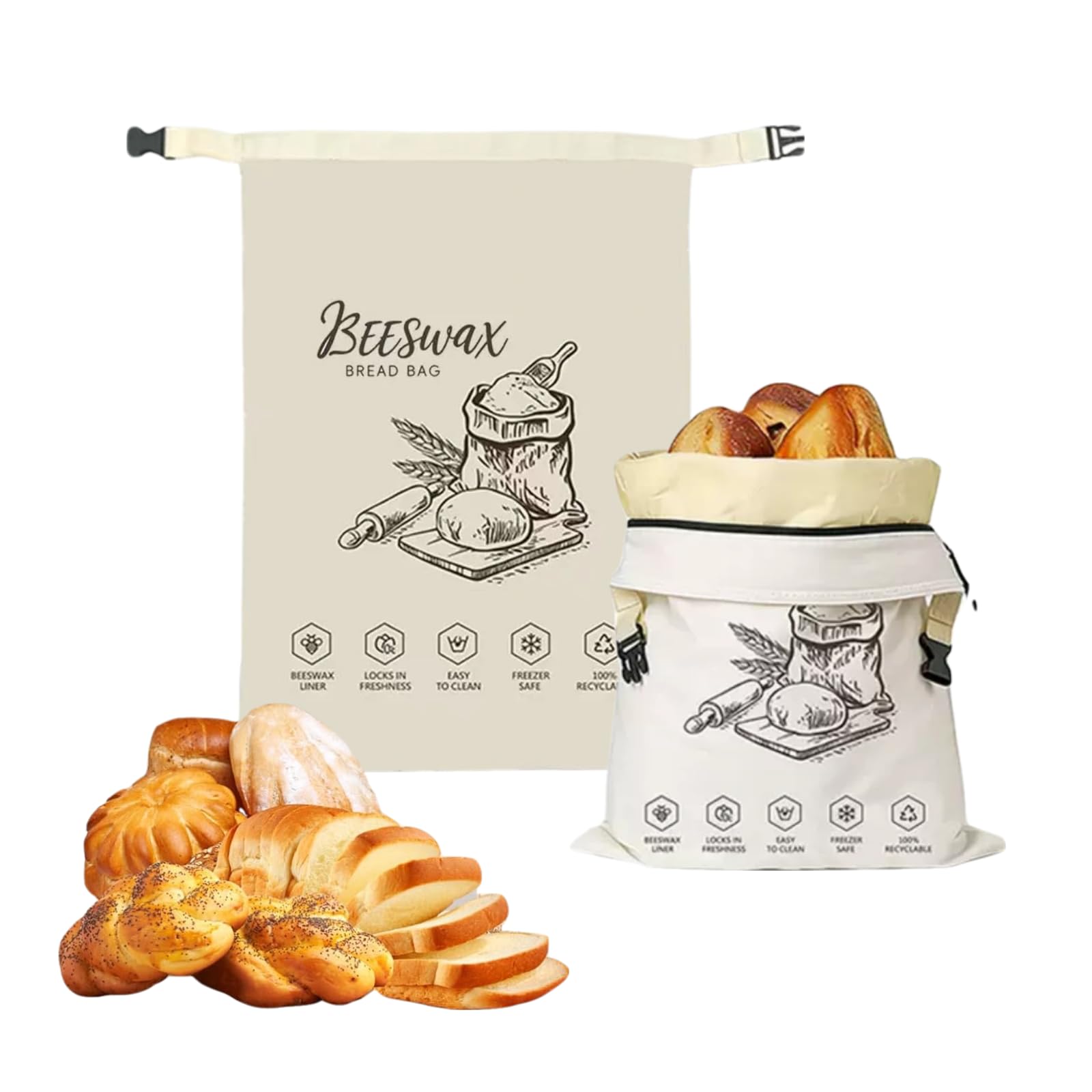 Sylvan Canery White 2Pcs Beeswax Bread Bags For Homemade Bread, Reusable Cotton Bread Storage Bags For Sourdough, Large Bread Bag With Removable Natural Beeswax Lining, Keeps Bread Fresh Longer (43 X 32Cm)