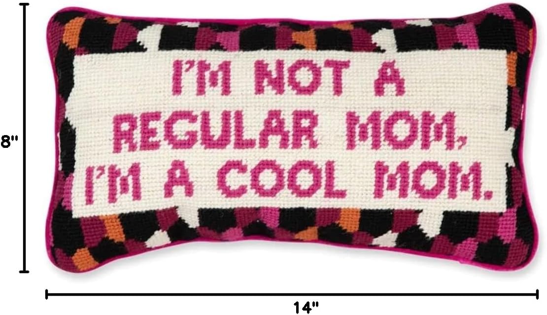 FURBISH Needlepoint Decorative Throw Pillow - Cool Mom - 8” x 14” - Small Embroidered Accent Pillow for Bed, Chair, Couch, Sofa - Eclectic Room Decor
