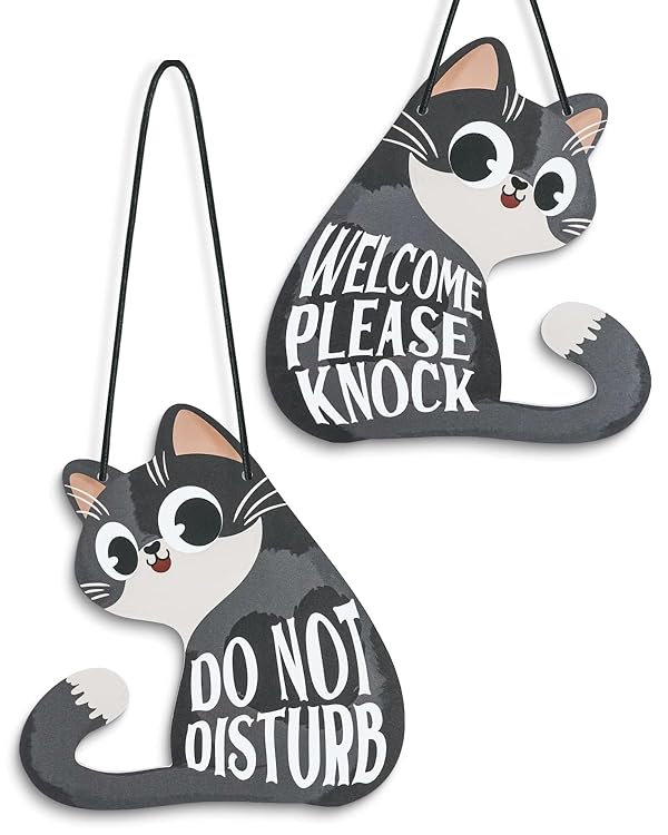 Putuo Decor Do Not Disturb Sign Welcome Please Knock, Cute Cat Door Sign Decor Reversible Double Sided Aesthetic Hanger Plaque for Room Front Door Porch Home Decor, Cat Lover Gifts Grey by Putuo Decor - Used condition - US$11.09