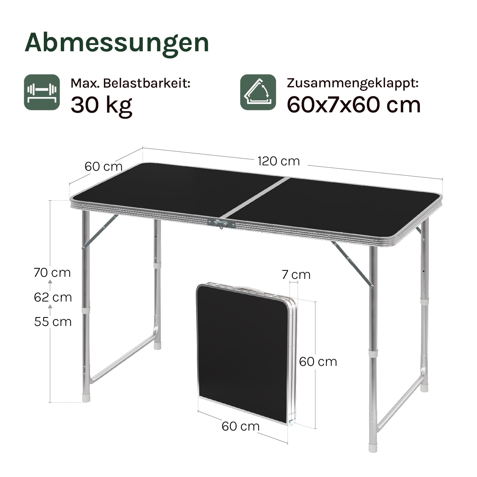 WOLTU Campingtisch Klapptisch 120x60cm, höhenverstellbarer klappbarer Gartentisch aus Alu und MDF für Camping, Garten, Feste, und Märkte Schwarz
