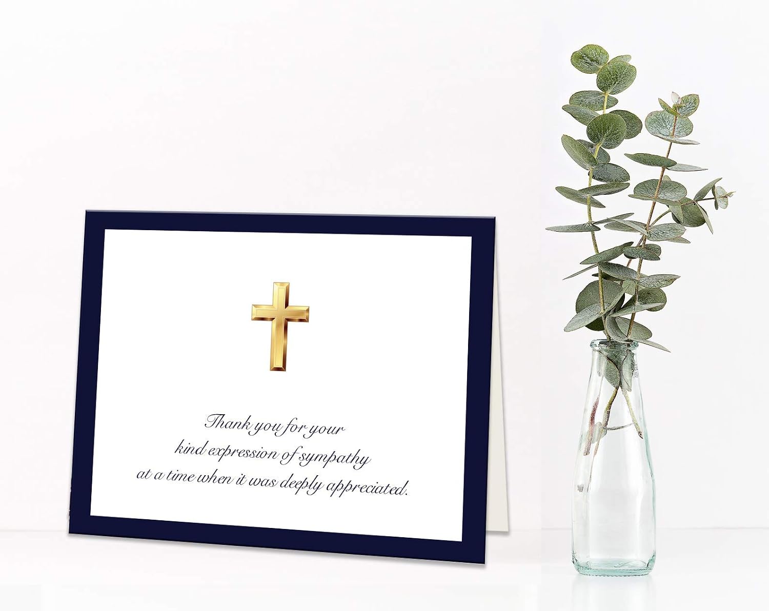Impressions Religious 50 Cross Sympathy Acknowledgement Cards, Navy border, Cross Funeral Thank you notes, Folded, Includes Envelopes