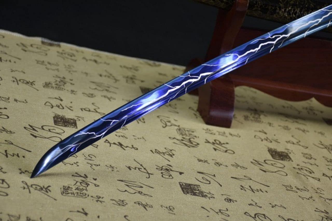 Special Blue Thunder and Lightning Blade Katana Combat High Manganese Steel Japanese Samurai Sword Full Tang Blade Sharp Blue Tsuba Black Gold Saya (Black)