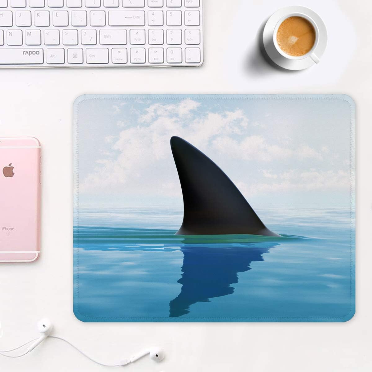 Auhoahsil Mouse Pad, 12 x 10 in Oceans Theme Computer Mouse Pad for Desk, Premium-Textured Non-Slip Rubber Stitched Edges Waterproof Square Mouse Mat for Gaming Work Wireless Mice, Shark image 2