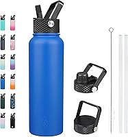 Vista 22 de BJPKPK - Botellas de agua aisladas con tapa con popote, botella grande de metal de 32 onzas con 3 tapas, termo reutilizable sin fugas y sin BPA