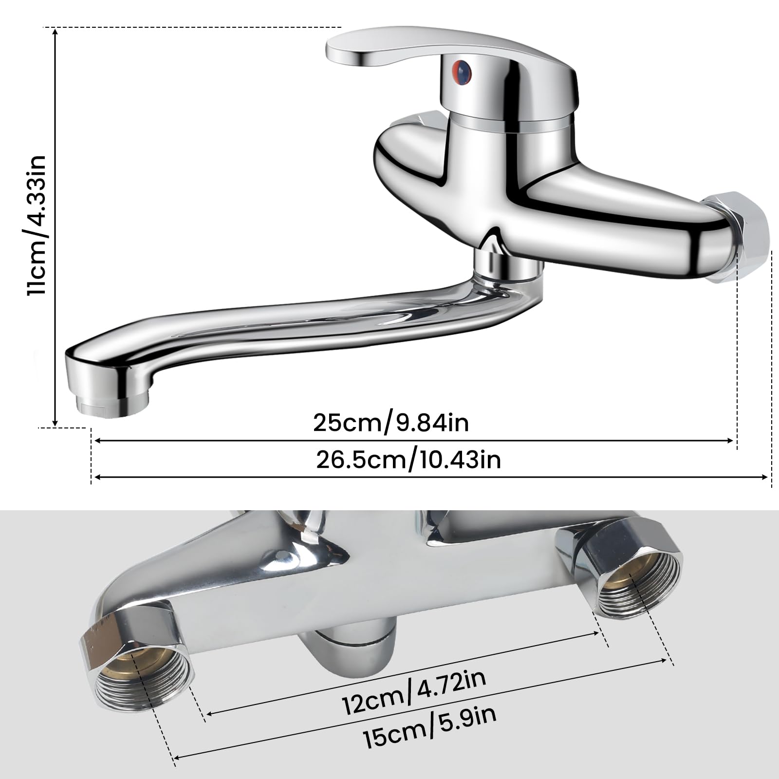 Grifo Cocina Pared Grifos Cocina Fregadero 25CM con Aireador con Cartucho Cerámico Monomando Agua Fría y Caliente Boquilla de Dispensación Orientable a 360° Cromo Plata