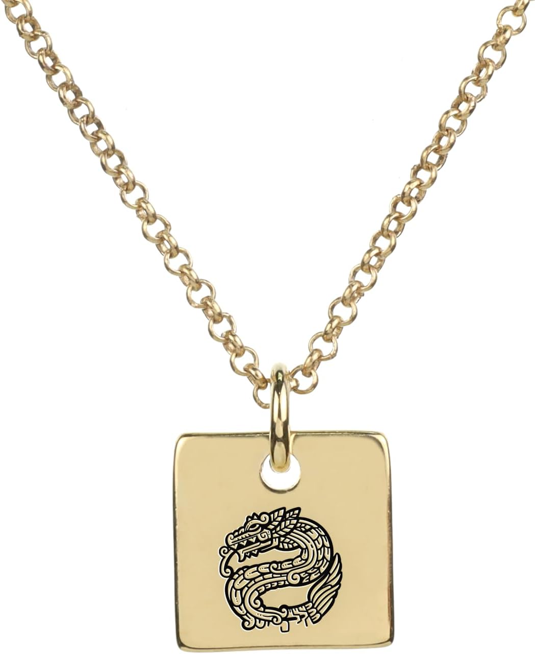 Custom Gold Square Pendant Necklace with Engraved Aztec Dragon - Mythological Aztec Jewelry