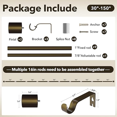 Miniatura 10 de IFELS Paquete de 2 barras de cortina resistentes para ventanas de 66 a 120 pulgadas, juego de 2 barras de cortina negras de 1 pulgada para