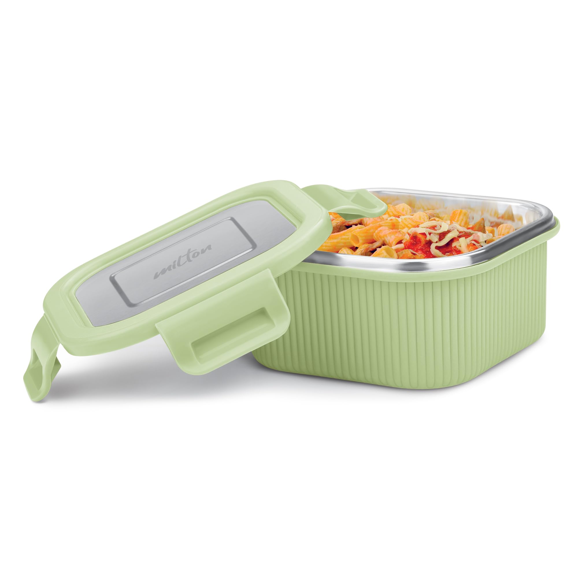 MILTON Cool Touch Square 400 Stainless Steel Container, 380 ml, Green | Microwave Safe | Food Grade | BPA Free | Refrigerator Safe
