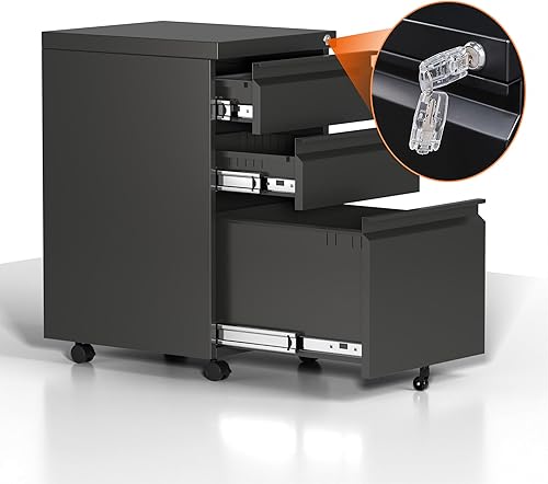 Miniatura 6 de Archivador para oficina en casa, archivadores de 3 cajones con cerradura, cajón rodante debajo del escritorio sobre ruedas