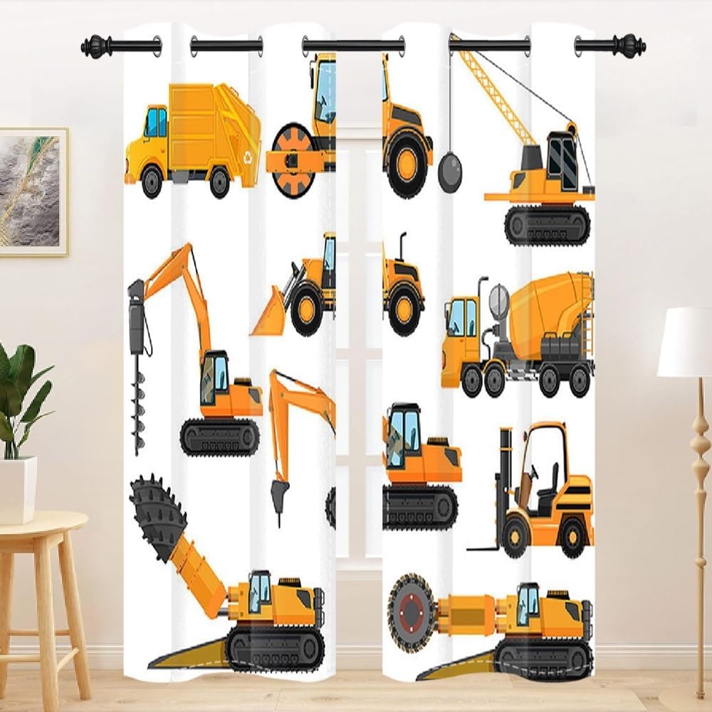 Construction Truck Curtains for Boys Bedroom White Yellow Cartoon Excavator Tractor Construction Site Blackout Window Curtains with Grommets Nursery Window Drapes 2 Panel Set,26x96inch