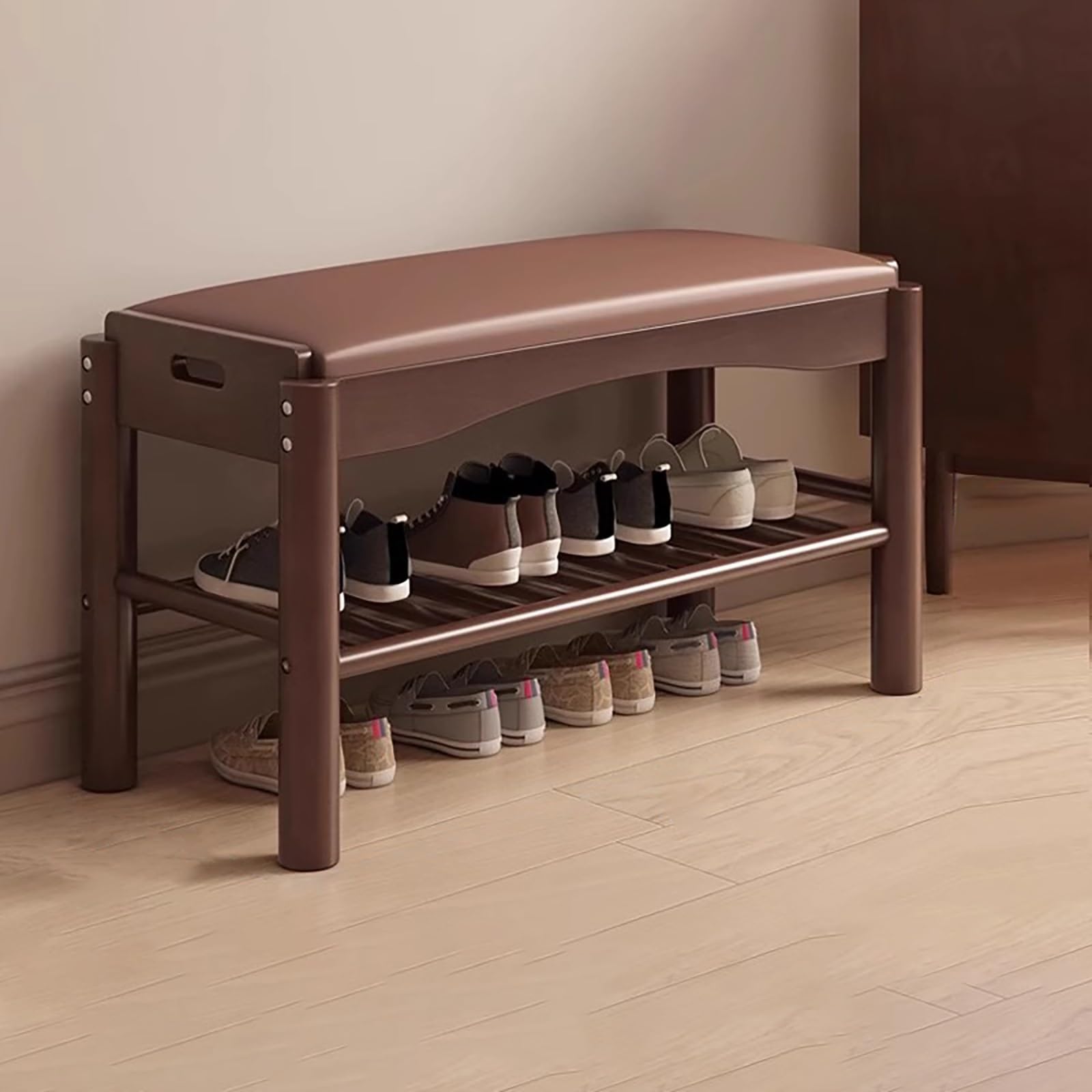 Banc porte-chaussures rembourré élégant en noyer au style campagnard raffiné