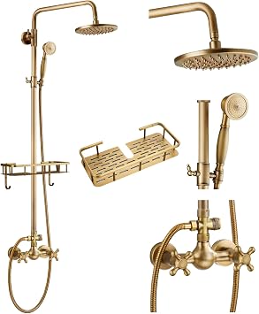 gotonovo Exposed Shower System with Shelf 2 Cross Handle Antique Brass