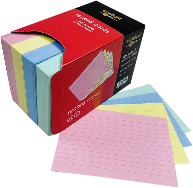 Eastlight A6 Ruled Record Card Assorted Colours Pack of 400 Brilliant for Revision Cards in Handy Storage Box