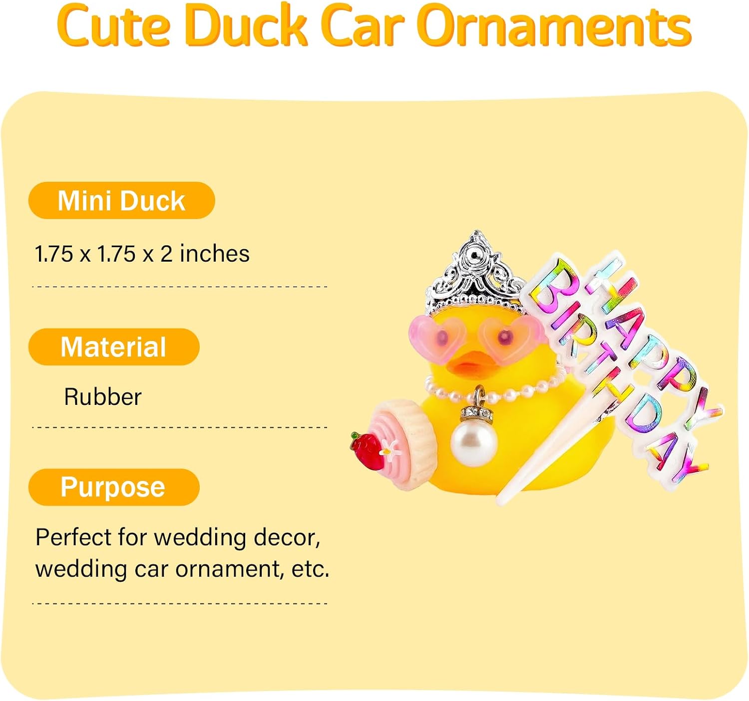 wonuu Birthday Rubber Ducks, Mini Yellow Duck Ornaments, Car Dashboard Decorations for Gifts with Crown, Heart-Shaped Glasses, Tiny Cake, Happy Birthday Decorative Sign (Pendant)
