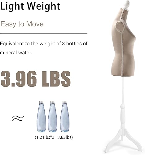 Miniatura 5 de HOMBOUR Forma de vestido de torso de maniquí femenino, cuerpo de maniquí de costura, maniquí ajustable con soporte de base de trípode de madera para