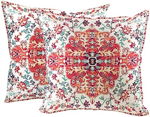 Boho Pillows Covers 18x18 Inch - Bohemian Vintage Orange Blue Carpet Pattern Throw Pillows Ethnic Floral - Pillow Cases with Zipper Set of 2 House Decor for Home Sofa Living Room Couch Decor