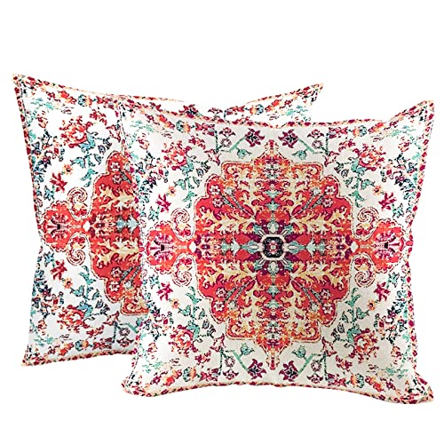 Boho Pillows Covers 18X18 Inch - Bohemian Vintage Orange Blue Carpet Pattern Throw Pillows Ethnic Floral - Pillow Cases With Zipper Set Of 2 House Decor For Home Sofa Living Room Couch Decor #TOP17