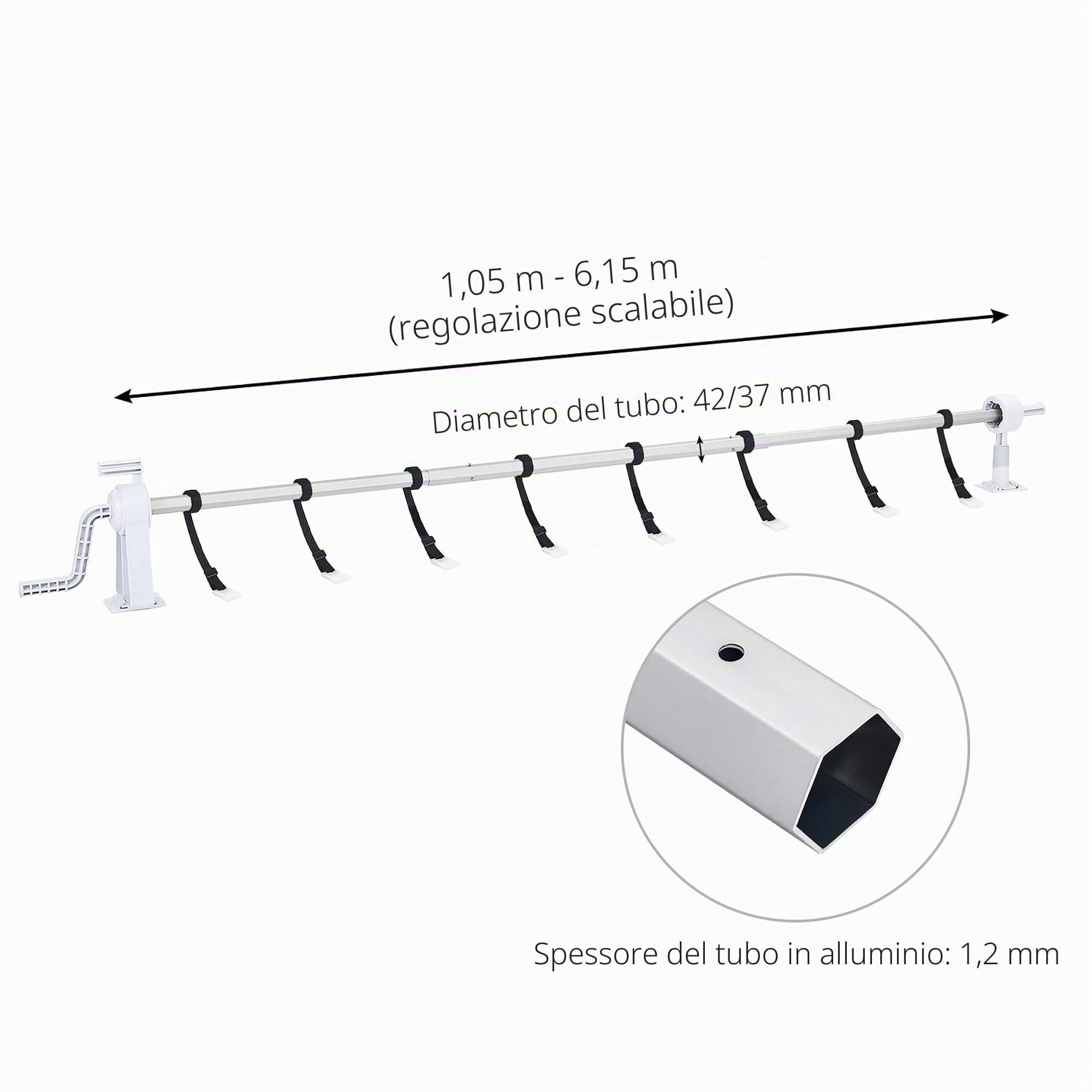 Avvolgitore per piscina regolabile da 1,05 a 6,15 m, dispositivo di avvolgimento per pellicola e telone solare, sistema di avvolgimento mobile con cinghie di fissaggio, avvolgitore per