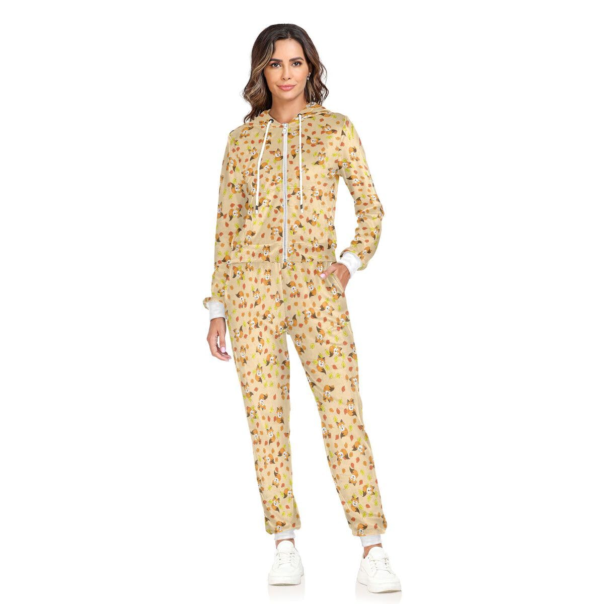Conjunto deportivo de 2 piezas para mujer, diseño de hojas de zorro, manga larga, con diseño de dibujos animados de animales