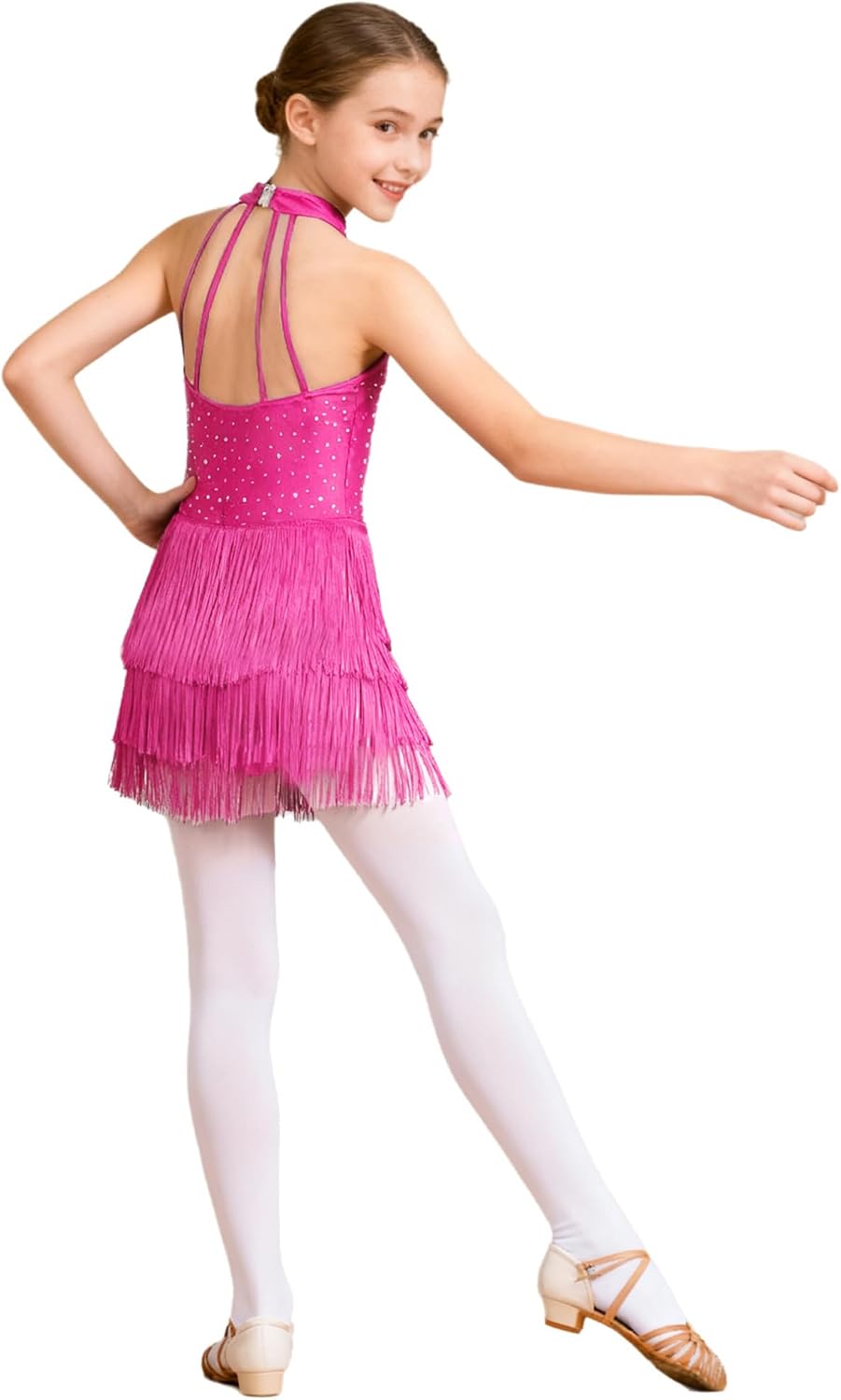 Kids Girls Sleeveless Latin Jazz Dance Dress Sparkly Halter Fringe Leotard Tango Samba Ballroom Dancing Outfits