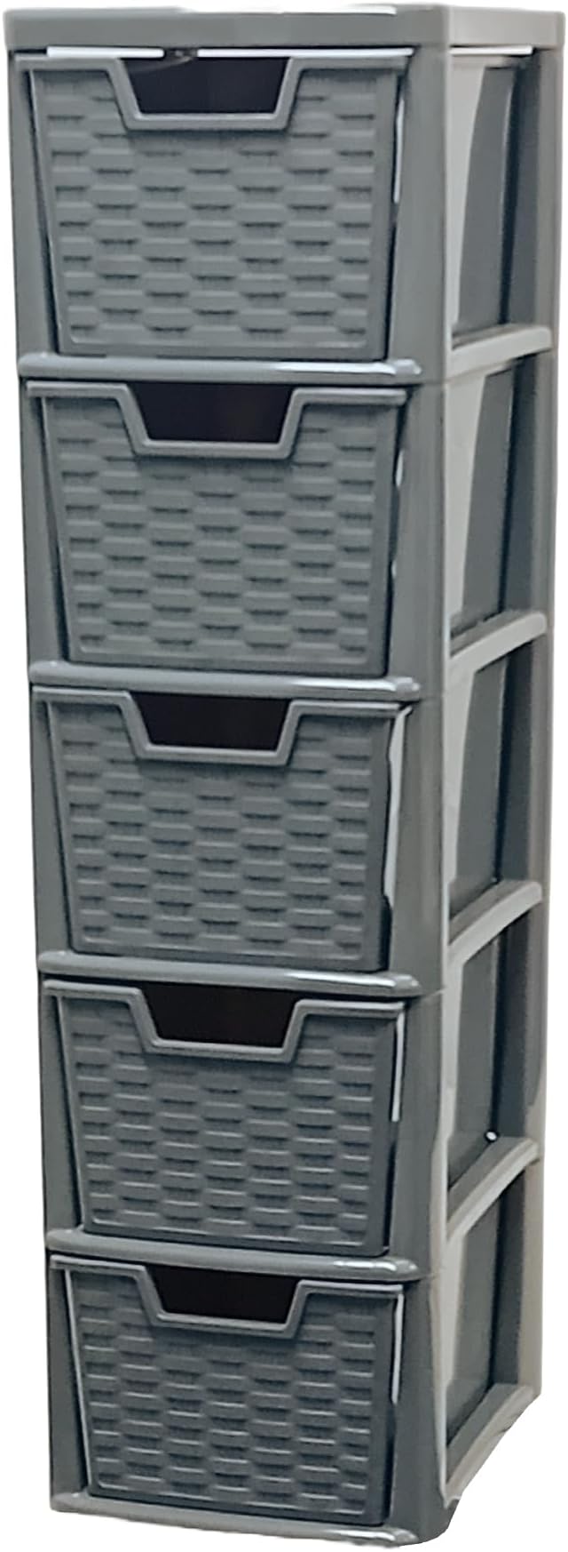 KYY'Z Rattan Effect 3 Drawer Plastic Storage Organizer- Multipurpose Storage Drawer Unit Home Kitchen Office School Garage Bedroom Bathroom Stationery Toys 25Dx19Wx 48Hcm (Grey, 5 Tier)