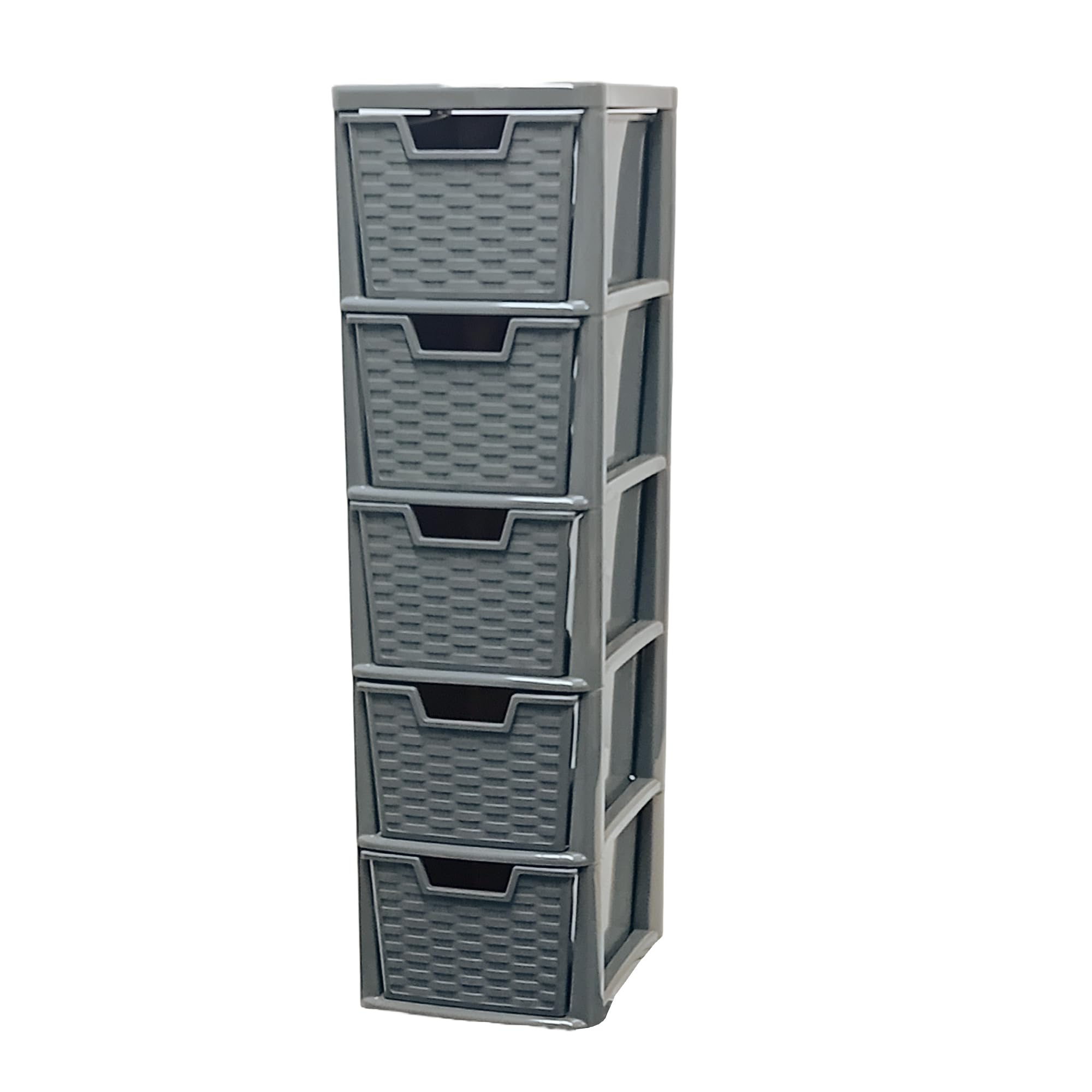 KYY'Z Rattan Effect Drawer Plastic Storage Organizer- Multipurpose Storage Drawer Unit Home Kitchen Office School Garage Bedroom Bathroom Stationery Toys 25Dx19Wx 78Hcm (Grey, 5 Tier)