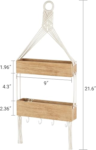 Miniatura 3 de Mkono Estante colgante de macramé para mesita de noche, organizador con ganchos, decoración de pared bohemia, bonitos estantes flotantes de madera
