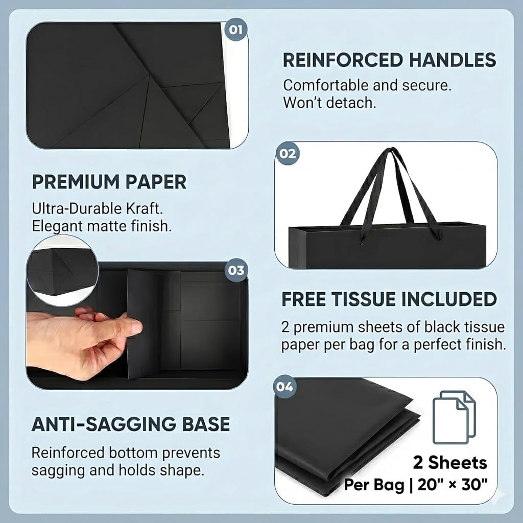 GEGIBOA Extra Large Black Gift Bags 15x6x12 with Handles 2 Pack Paper Gift Bags with Tissue Paper Reusable Large Gift Bags for Fathers Day Birthdays Weddings Christmas Graduation Business Gifts