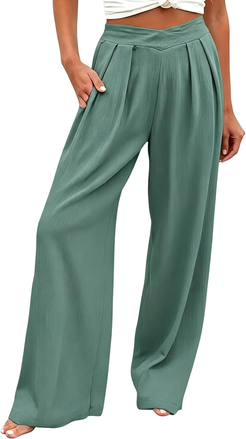 Women Flowy Pants High Waist Wide Leg Casual Pleated Palazzo Pants Beach Vacation Loose Fit Trousers with Pockets