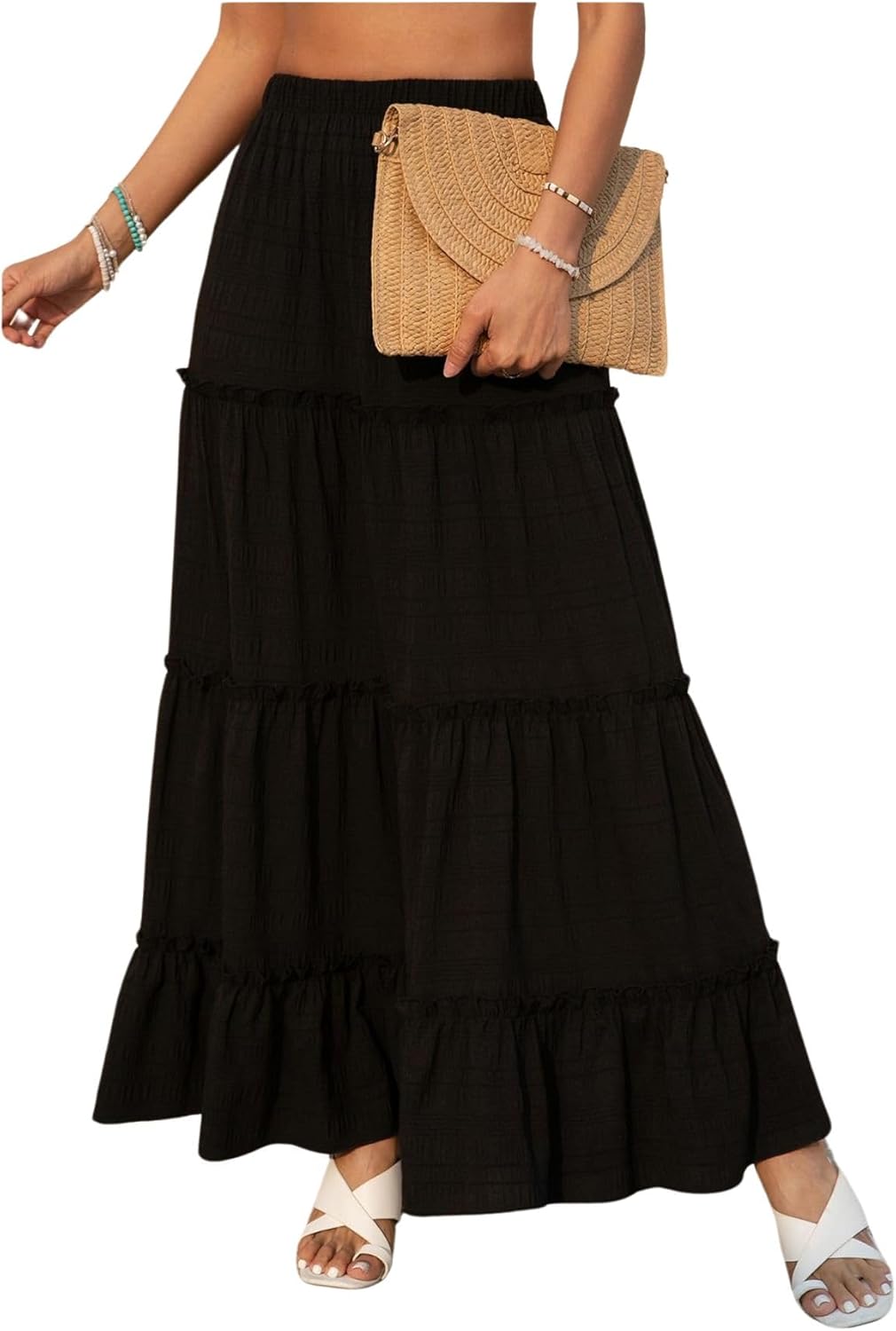 Verdusa Women's Boho Skirt Flowy Flared Ruffle Summer Long Maxi Skirts Going Out Outfits