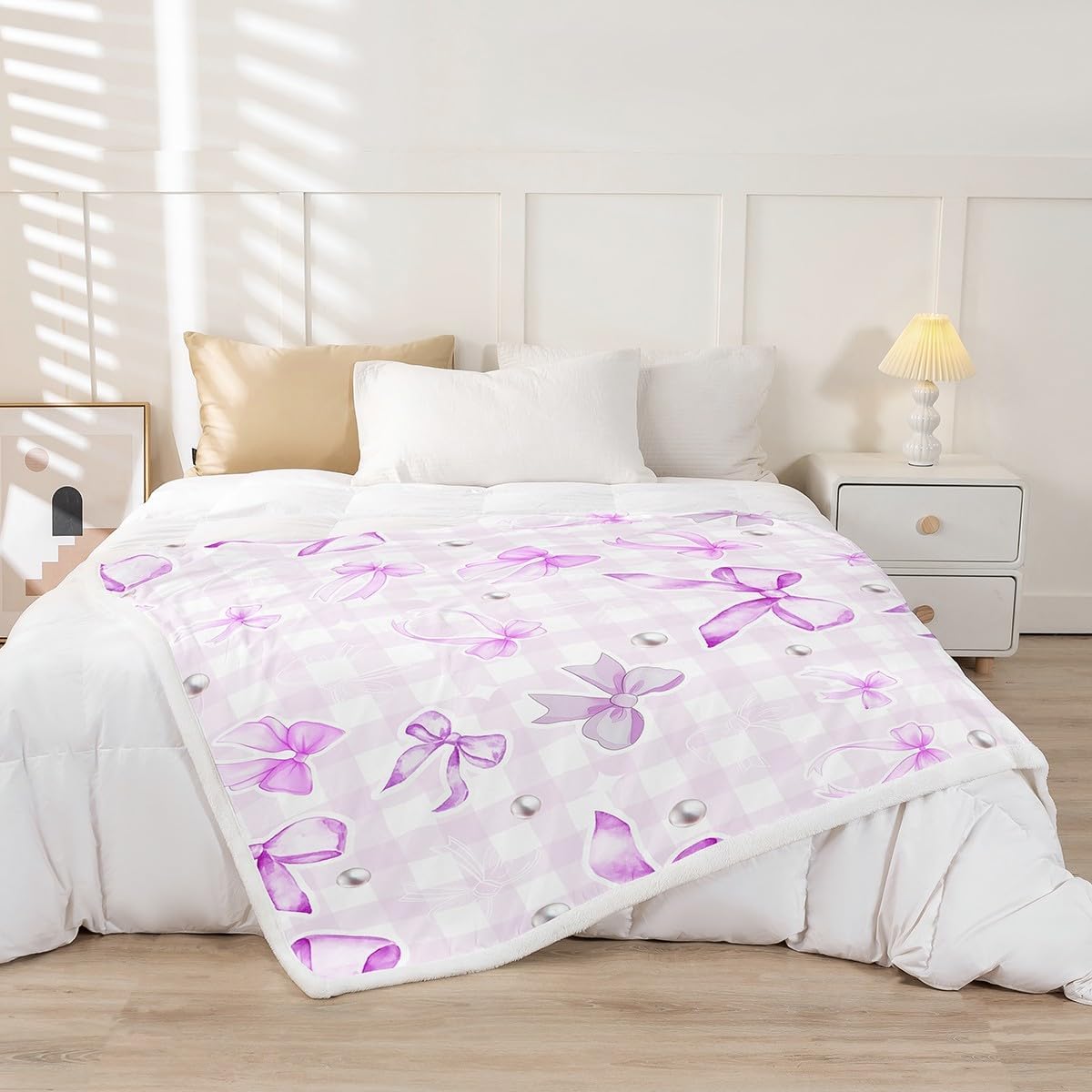 Purple Bowknot Girls Women Bed Blanket,Elegant Bows Print Bed Plush Blanket,Romantic Pearls Stars Pattern Flannel Blanket,Geometric Grids Art Fleece Blanket for Kids Adults,90"x90"