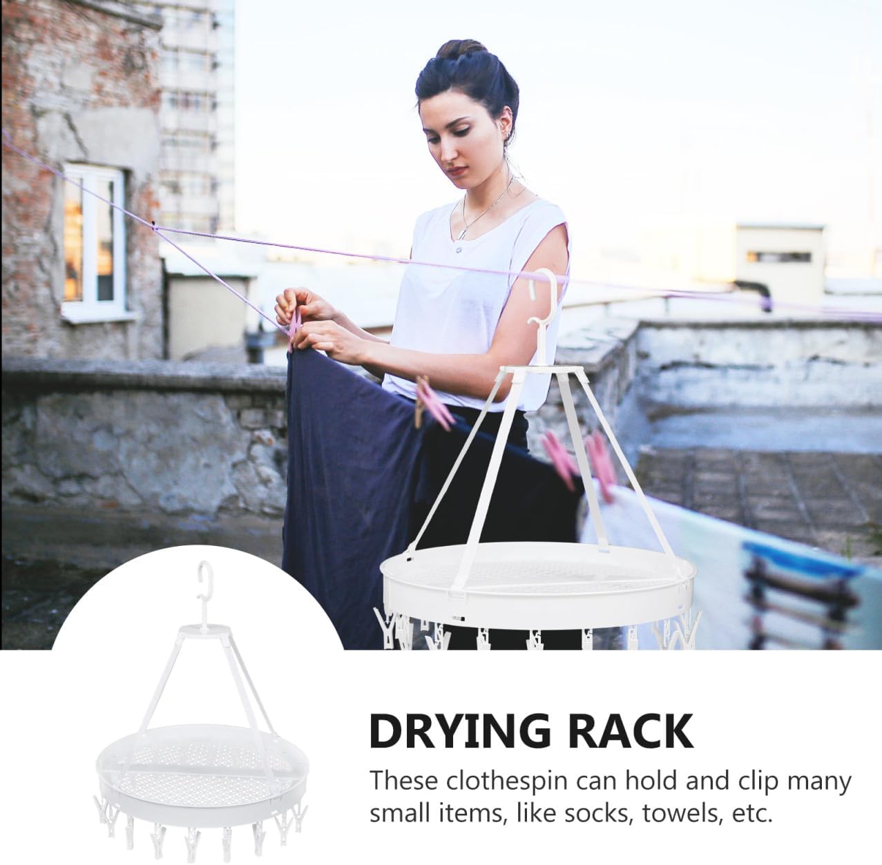 Windproof Folding Clothes Drying Rack for Underwear and Socks, Single-Layer White Hanger with Bras and Towels Hooks, Space-Saving Laundry Organizer for Balcony Use