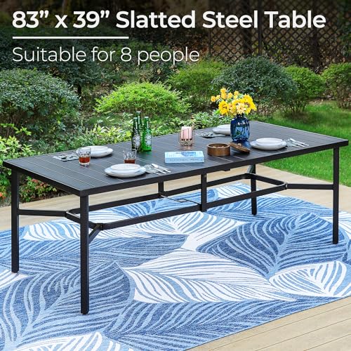Image of PHI VILLA 9 Pcs Outdoor Dining Set, 83 inch Rectangular Metal Table, Black | Metal Table with Umbrella Hole & Stackable Black Wrought Iron Chairs,Patio Furniture Set for Patio, Deck, Yard, Porch
