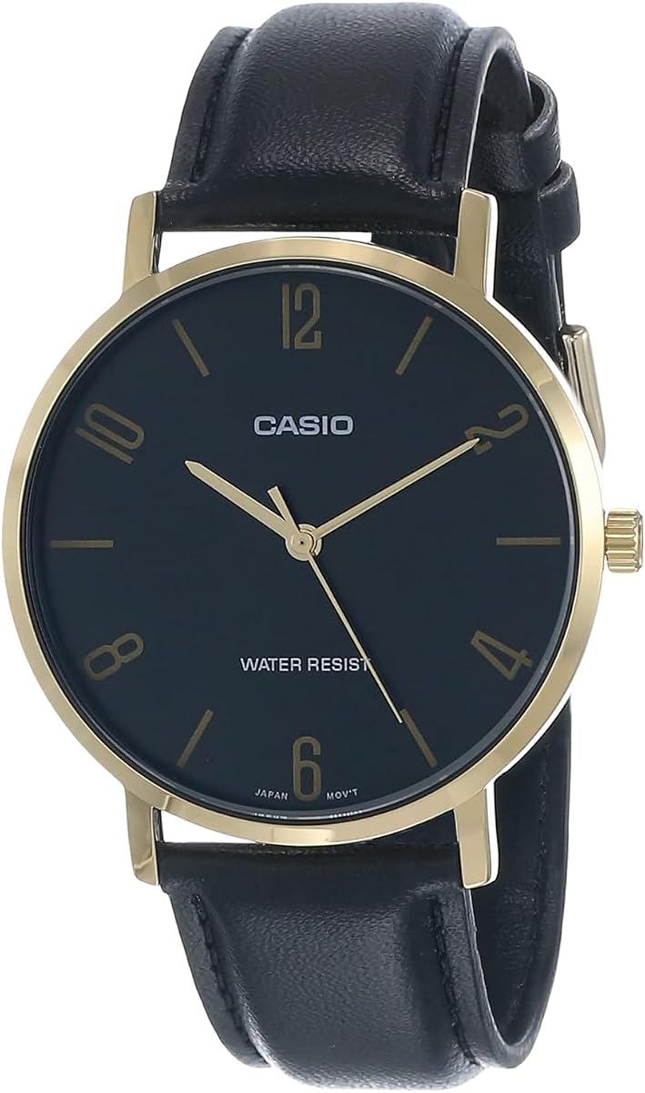 Casio MTP-VT01GL-1B2 Reloj analógico minimalista de 3 manecillas con correa de cuero negro en tono dorado y esfera negra para hombre