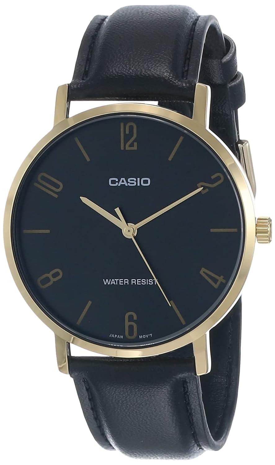 Casio MTP-VT01GL-1B2 Men's Minimalistic Gold Tone Black Leather Band Black Dial 3-Hand Analog Watch