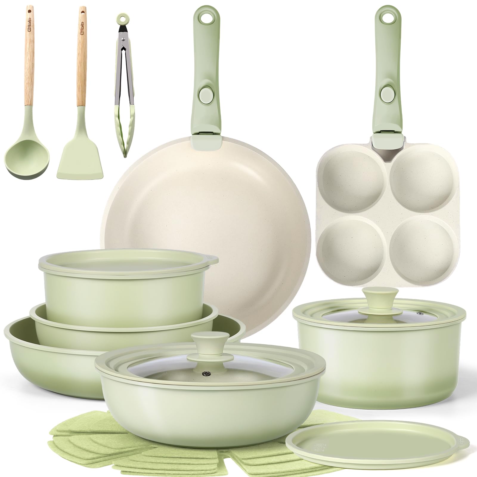 GiPP 21 Pezzi Set di Padelle Antiaderente, Verde Chiaro