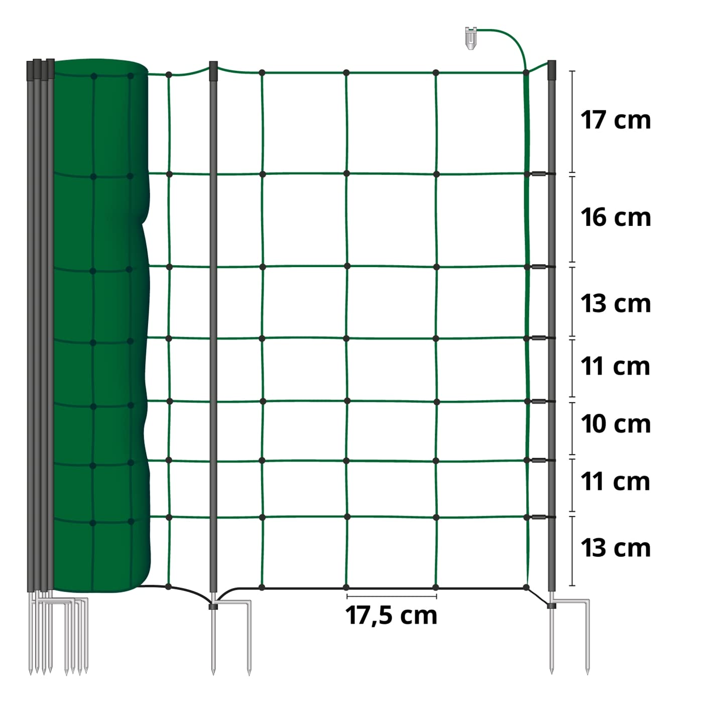 VOSS.farming Schafnetz Classic+ 50m 90cm Elektronetz 20 Pfähle 2 Spitzen grün, Weidezaunnetz Hundezaun, für größere Hunde geeignet