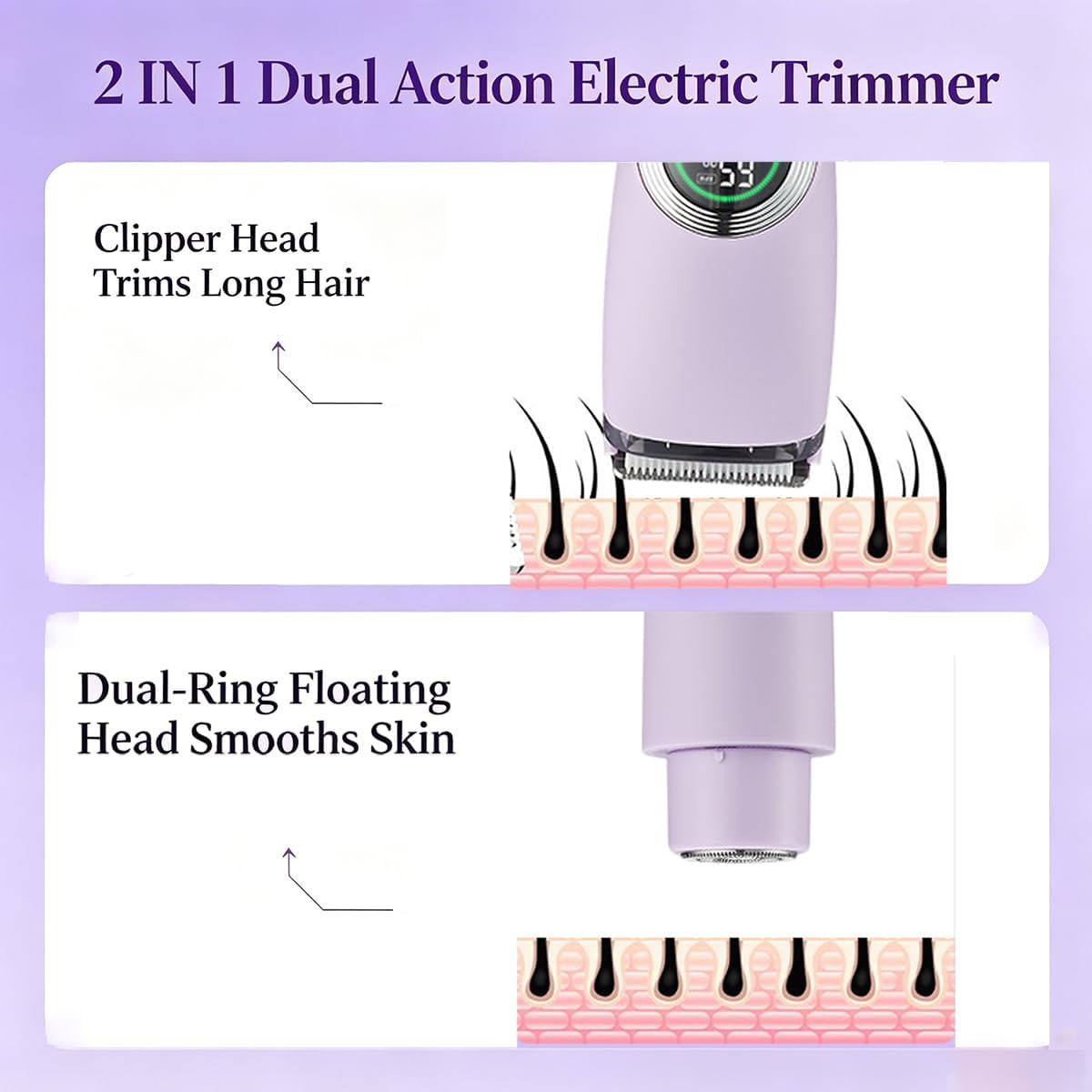 Bikini Trimmer for Women, 2-in-1 Electric Shaver with Dual Head, Waterproof Wet & Dry, Rechargeable Razor for Pubic Hair, Legs, Underarms, Face & Body, LED Light & Smart Battery Display, Travel Lock