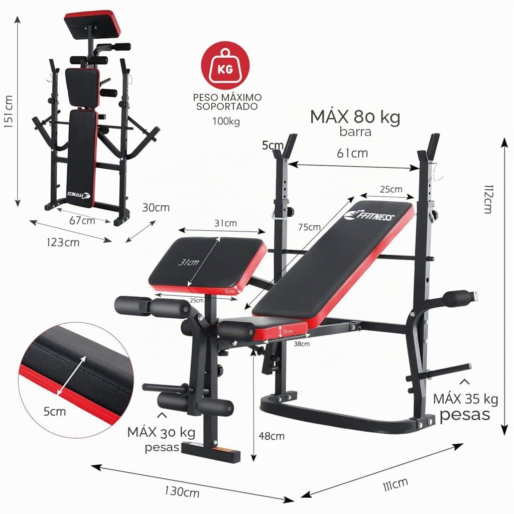 FFitness - Banco de pesas plegable - Multifunción - Ideal para entrenar - Banco de pesas para trabajar pectorales con soporte de barra y respaldo ajustable