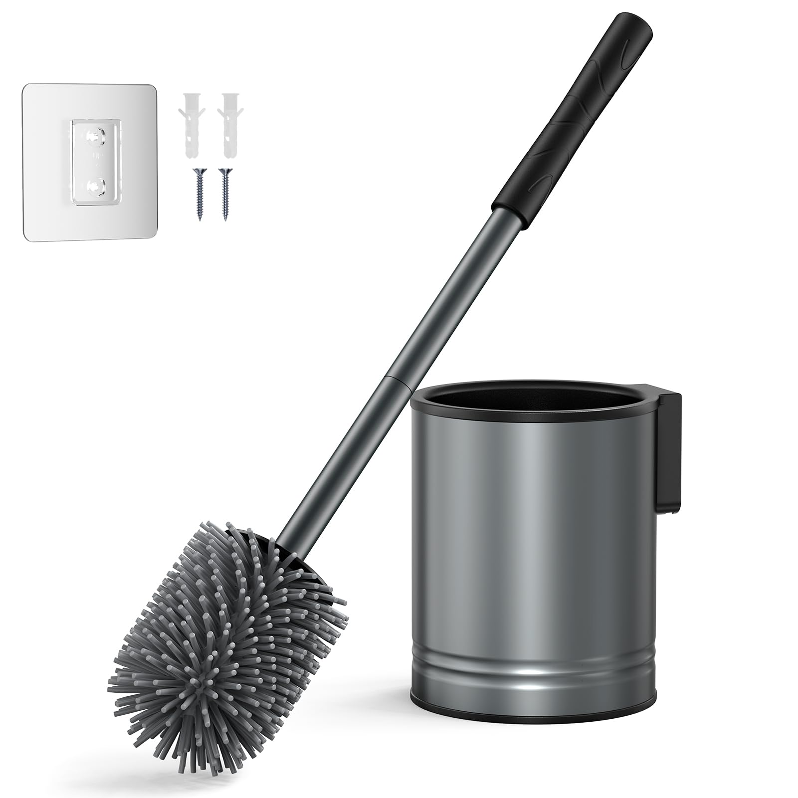 HAMITOR Klobürste Silikon Edelstahl -Toilettenbürste Wandmontage-EIN Ohne Bohren einfache Reinigung-Edelstahl Wc Bürste Langlebig und Rostfrei-mit schnell trocknendem Halter Badmöbel Set-Grau