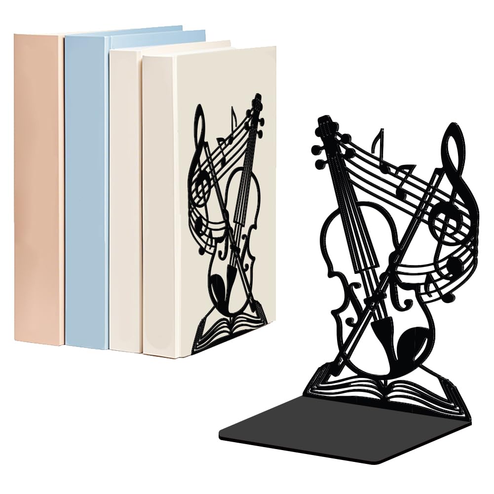 WADORN 1 Pair Musical Notes Violin Decorative Bookends, Music Lover Heavy Duty Metal Book Ends for Music Room Non-Skid Black Book Stopper for Bookshelf Library Home Office Dorm, 5.3x4.3x7.9 Inch