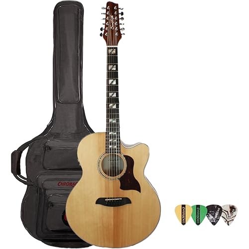Sawtooth Solid Spruce Top Jumbo Cutaway 12 String Acoustic Electric Guitar with Flame Maple Back and Sides, Fishman Preamp, Padded Gig Bag and Pick Sampler