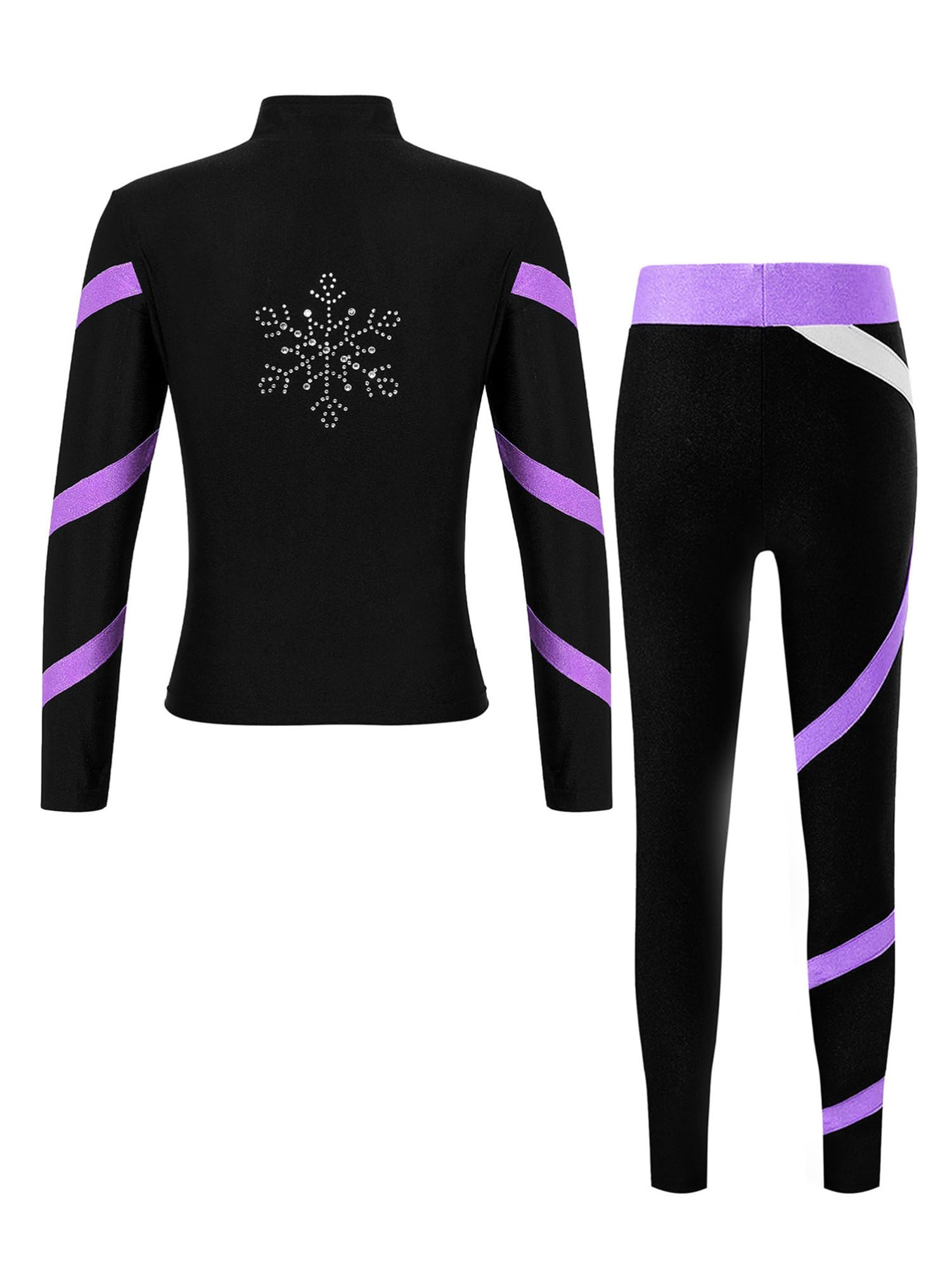 CHICTRY Eiskunstlauf Trainingsanzug Mädchen Thermo Jacke Glitzer Strass Sportjacke Langarm Mit Streifen Patchwork Eislaufhose Tanzhose Wettbewerb Tanzkostüm Helles Lila 134-140