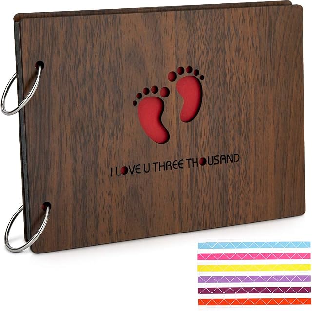 ChuJun DIY Photo Album 30 Cards (1 Red and 29 Black), Baby Photo Keepsake, Scrapbook DIY Photo Album Hand Carved Wooden Baby Footprints Album,Love you Baby Three Thousand times